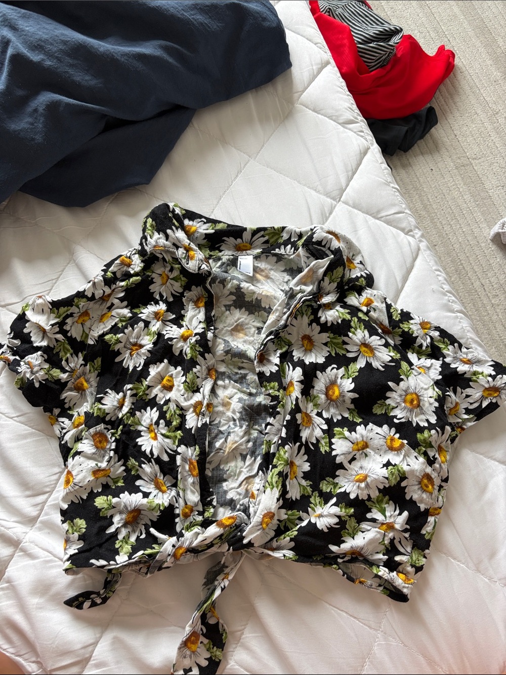 Girls Black Daisy Print Tie-Front Shirt Top American Apparel